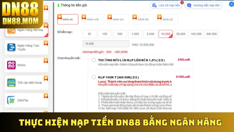 Thực hiện Nạp Tiền DN88 bằng ngân hàng