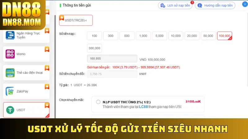 USDT xử lý tốc độ gửi tiền siêu nhanh